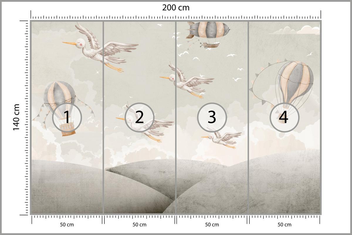 FOTOTAPETE für Kinderzimmer Boho Störche Aquarell Balon Luftschiff Himmel 200x140 - Beige/Weiß, Papier (200/140cm) - Muralo