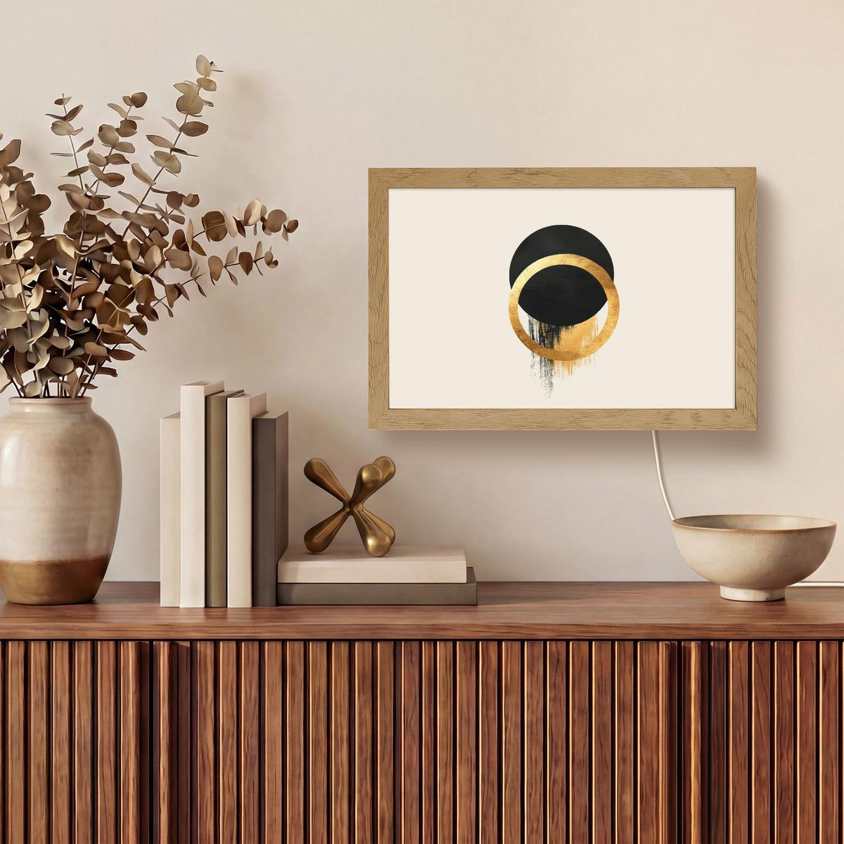 WANDLEUCHTE Abstraktes Design - Schwarzer Kreis - Farbflecken 30x20 cm - Creme, Holzwerkstoff (30/20/8cm) - OnlyWow