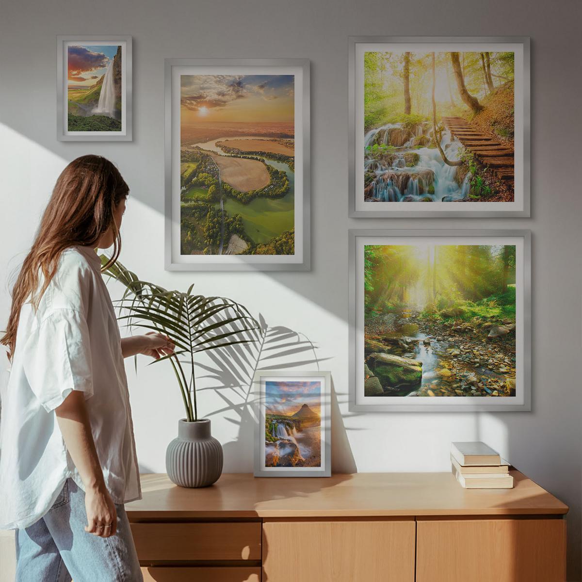 BILDER SET 5er Set - 50x50 cm & 20x30 cm & 40x60 cm Silberner Rahmen - Orange Mountain Wasserfall - Silberfarben, Kunststoff (40/60cm) - TULUP