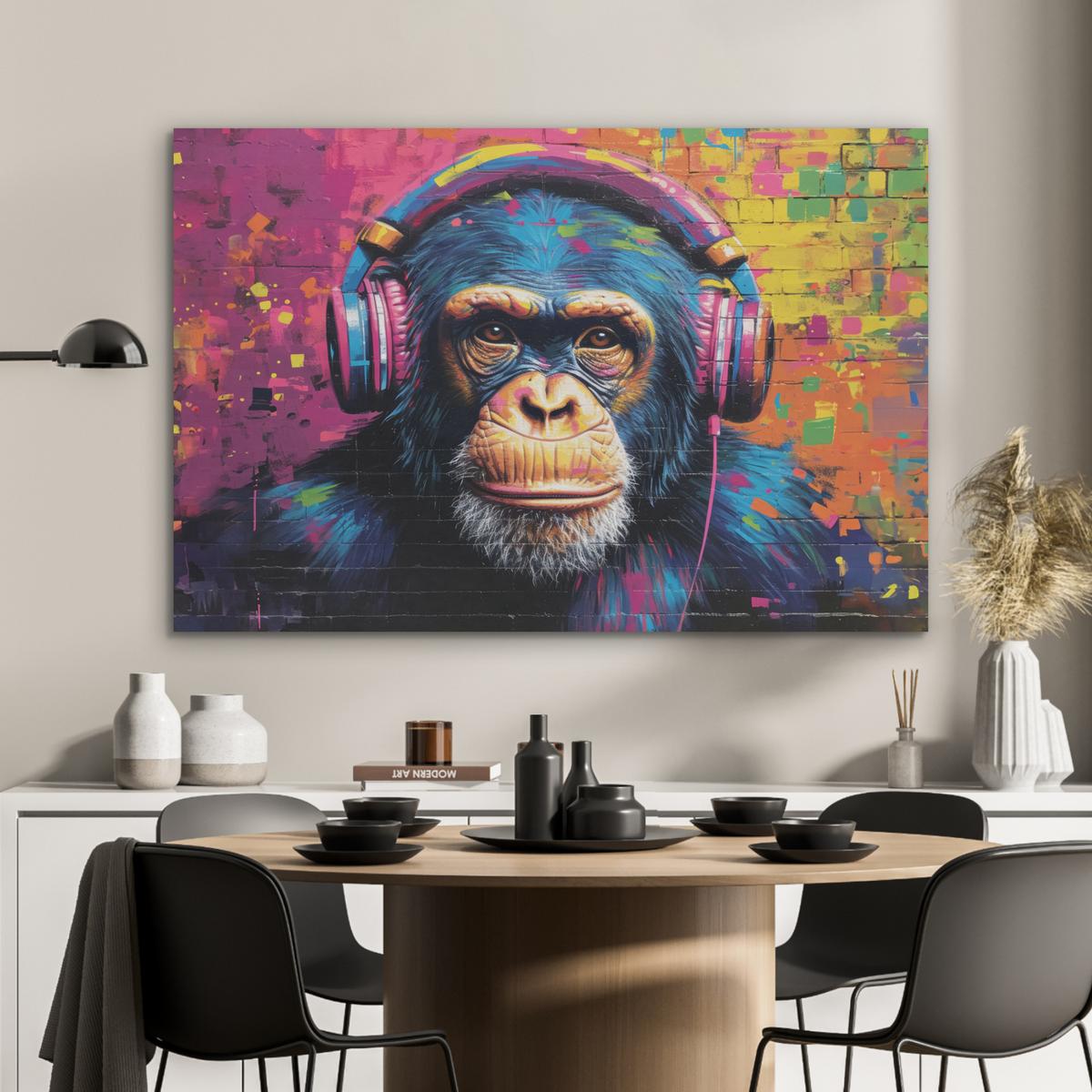 AKUSTIKBILD Graffiti - Schimpanse - Straßenkunst - Kopfhörer - Affe Wandbild Wohnzimmer 100x70 cm - Blau, Kunststoff (100/70/0.9cm) - MuchoWow