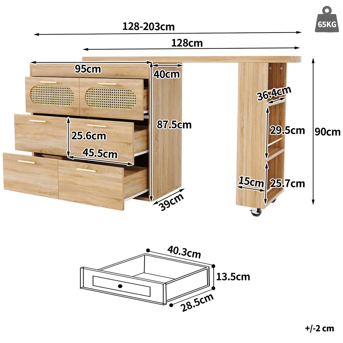 BARTISCH mit küchenbuffet 360° drehbar & 6 schubladen - Naturfarben, Holzwerkstoff (39/203/90cm) - Urban Meuble