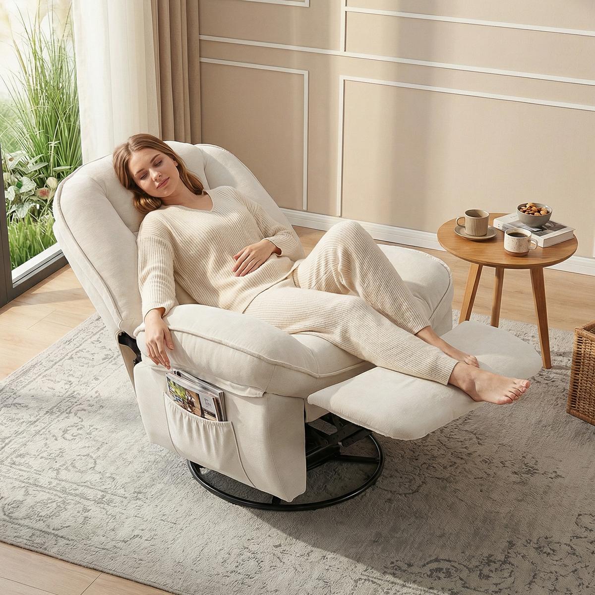 RELAXSESSEL Polyester Schaumstoff Cremeweiß - Creme/Schwarz, Holzwerkstoff/Textil (91/104/93cm) - HOMCOM