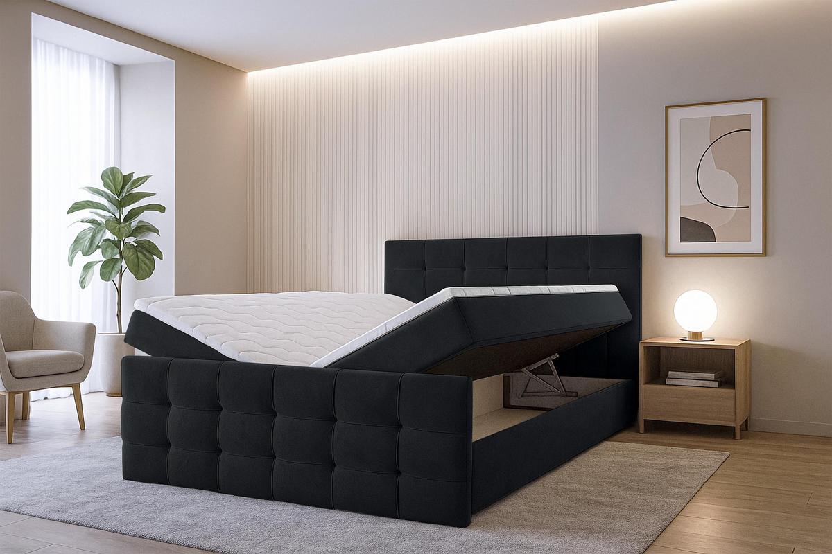 BOXBETT ARGENTARO 140x200 cm mit Bettkasten und Matratze - Schwarz + TOPPER - Schwarz, Holz/Holzwerkstoff (140/200cm) - AX Living