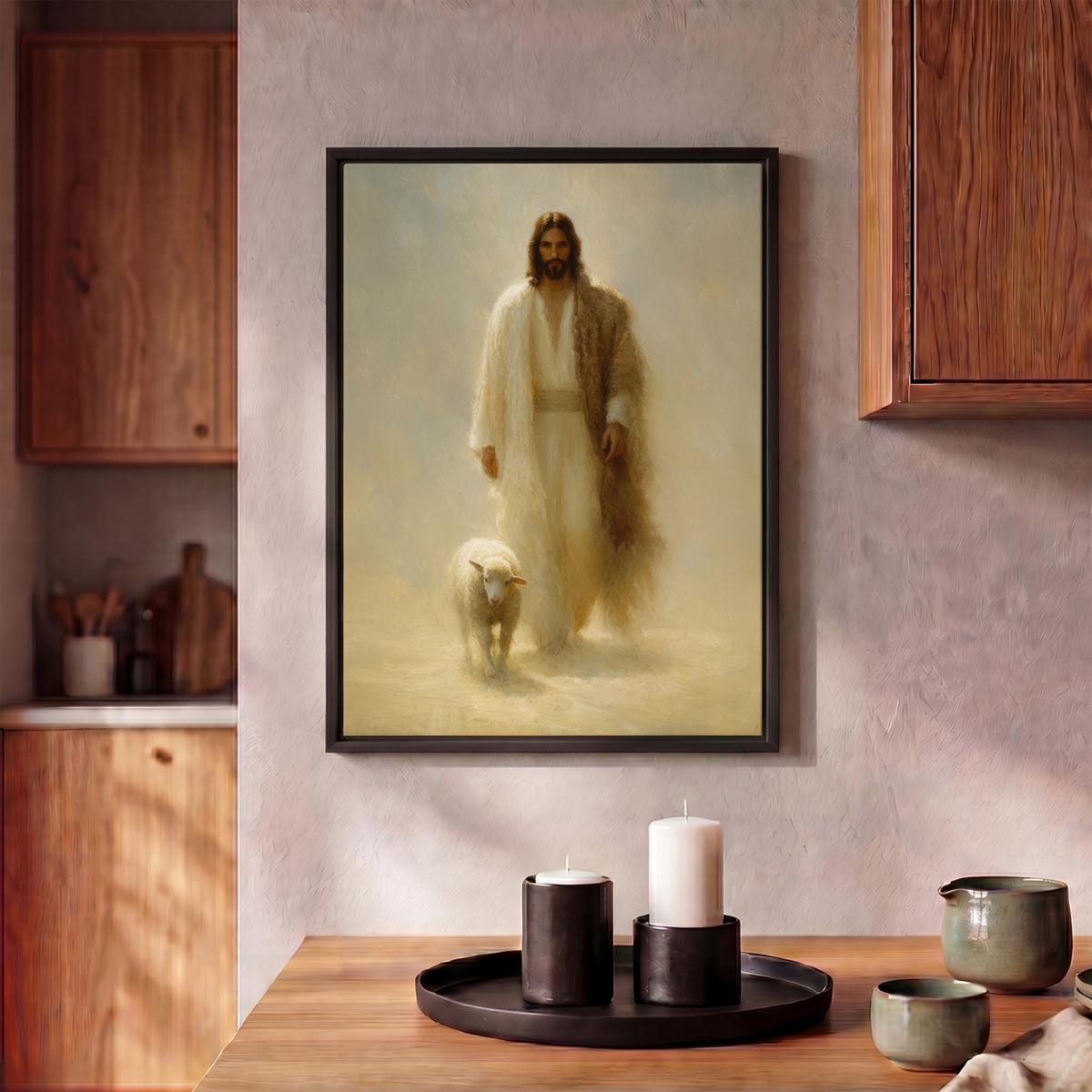 LEINWAND Bilder mit Rahmen - Schaf - Jesus - Pinselstriche - Abstrakt - 30x40 - Beige, Textil (30/40cm) - MuchoWow