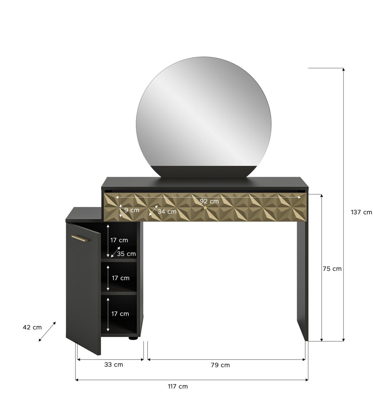 SCHMINKTISCH schwarz, Gold 117 cm mit Spiegel - Goldfarben/Schwarz, Holzwerkstoff/Kunststoff (117/137/42cm) - Inn.Furn