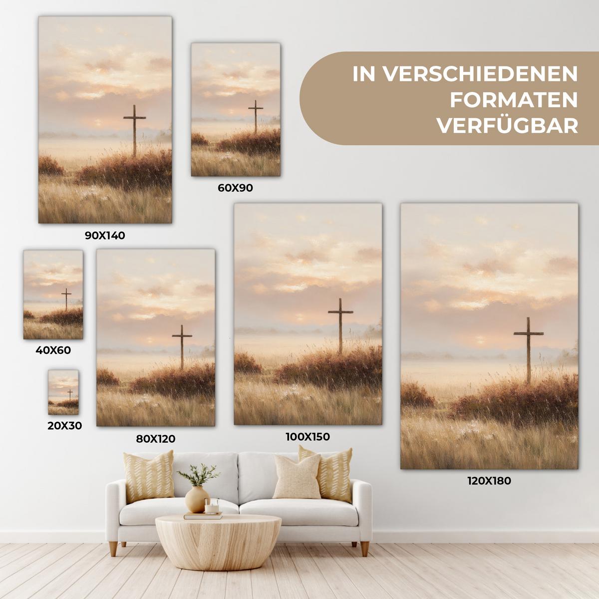 LEINWANDBILD Gras - Morgennebel - Kreuz - Christentum Wanddeko Schlafzimmer 60x90 cm - Beige, Textil (60/90cm) - MuchoWow