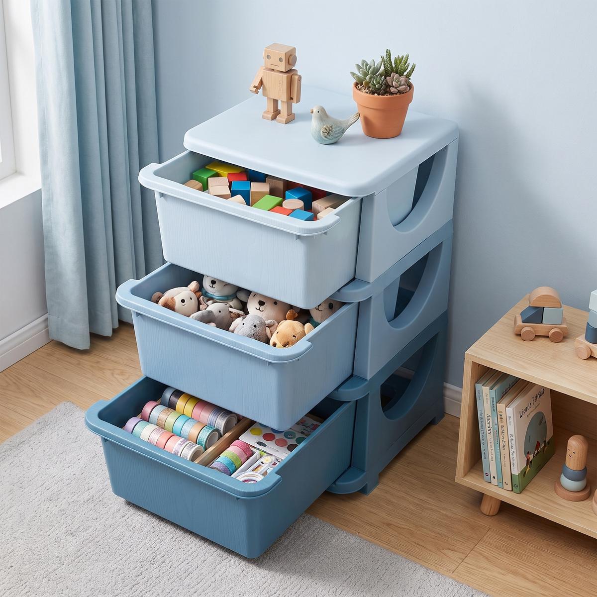 AUFBEWAHRUNGSBOXEN für Kinder, 3 große Schubladen, Kunststoff, Blau - Blau, Kunststoff (37/56.5/37cm) - HOMCOM