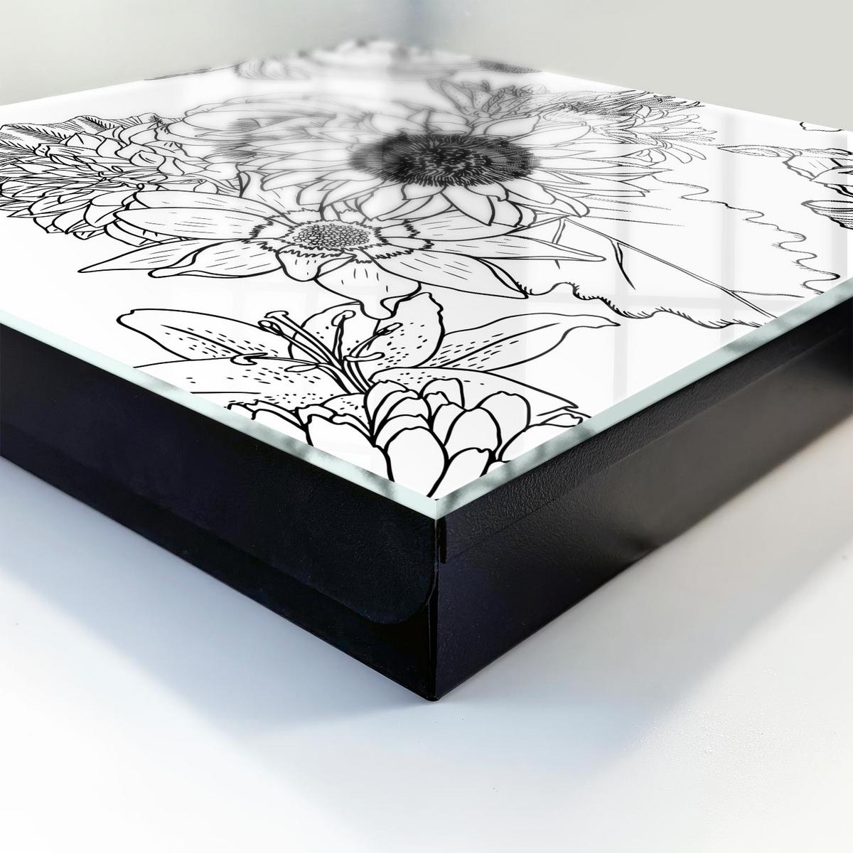 SCHLÜSSELBOX Schwarz 30x30 cm- Türöffnung nach rechts - Schwarz-weiße Blüten - Multicolor, Metall (30/30/5cm) - TULUP