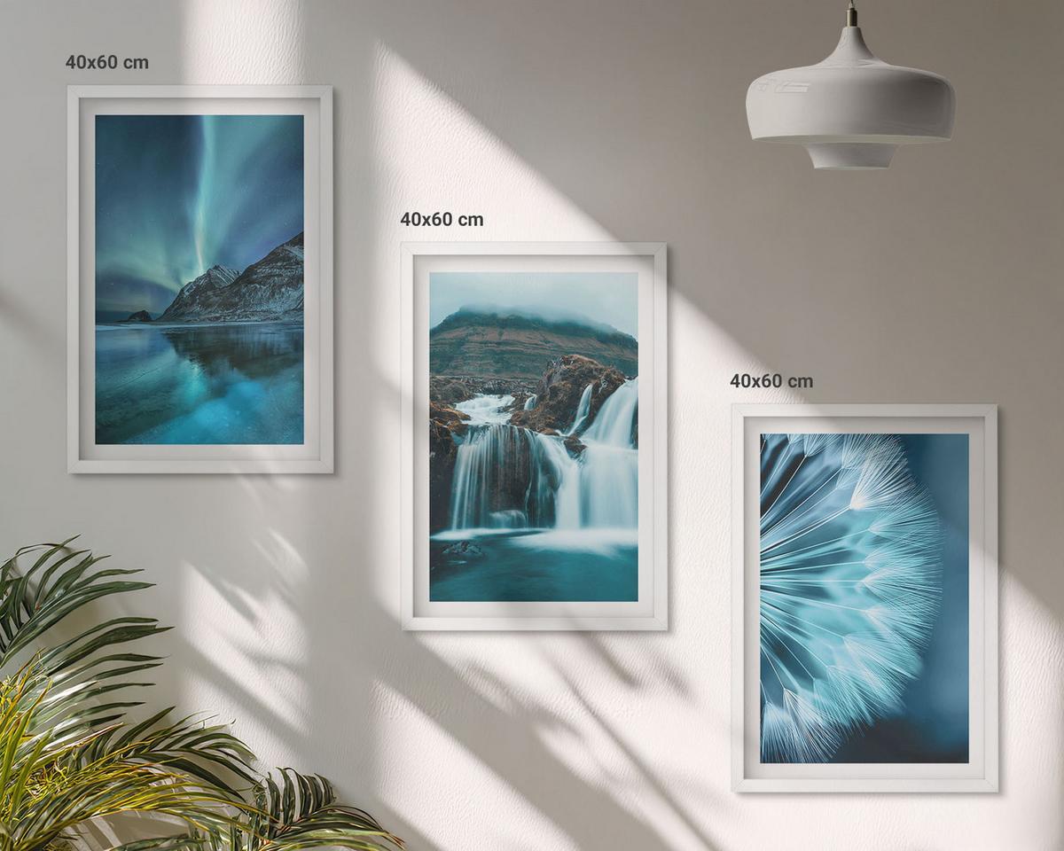 BILDER SET 3er Set - 40x60 cm Weißer Rahmen - Winterlandschaften mit Wasserfällen - Weiß, Kunststoff (40/60cm) - TULUP