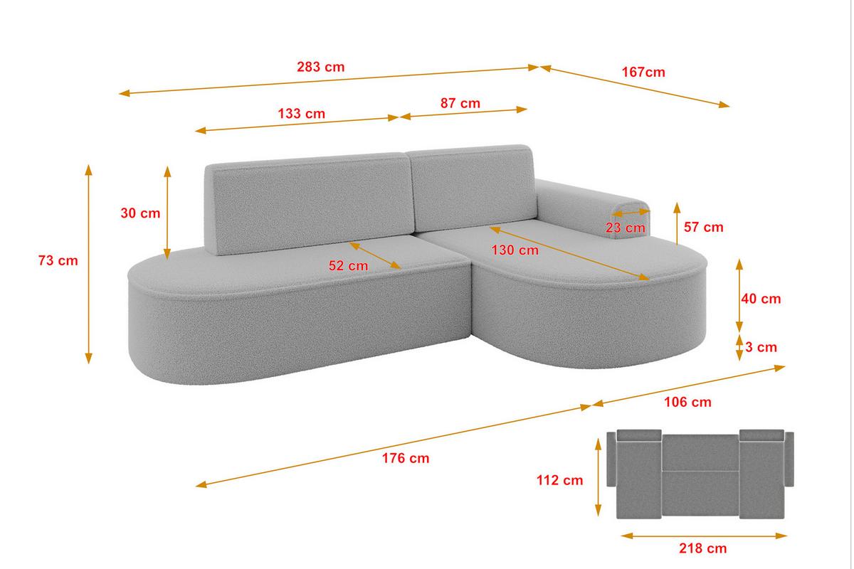 ECKSOFA mit Schlaffunktion und Bettkasten Ottomane Rechts MARI-L1-S - 283x167x73 cm Hellgrau Bouclé - Hellgrau/Schwarz, Holzwerkstoff/Kunststoff (167/283cm) - ALTDECOR