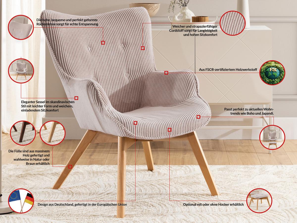 LOUNGESESSEL Lenari Puderrosa Cordstoff mit Füßen in Natur - Hellrosa/Naturfarben, Holz/Textil (71/96/86cm) - S-Style Möbel