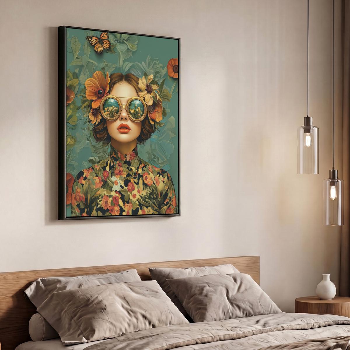 LEINWAND Bilder mit Rahmen - Frau - Blumen - Schmetterlinge - Natur - Vintage - 70x100 - Salbeigrün, Textil (70/100cm) - MuchoWow