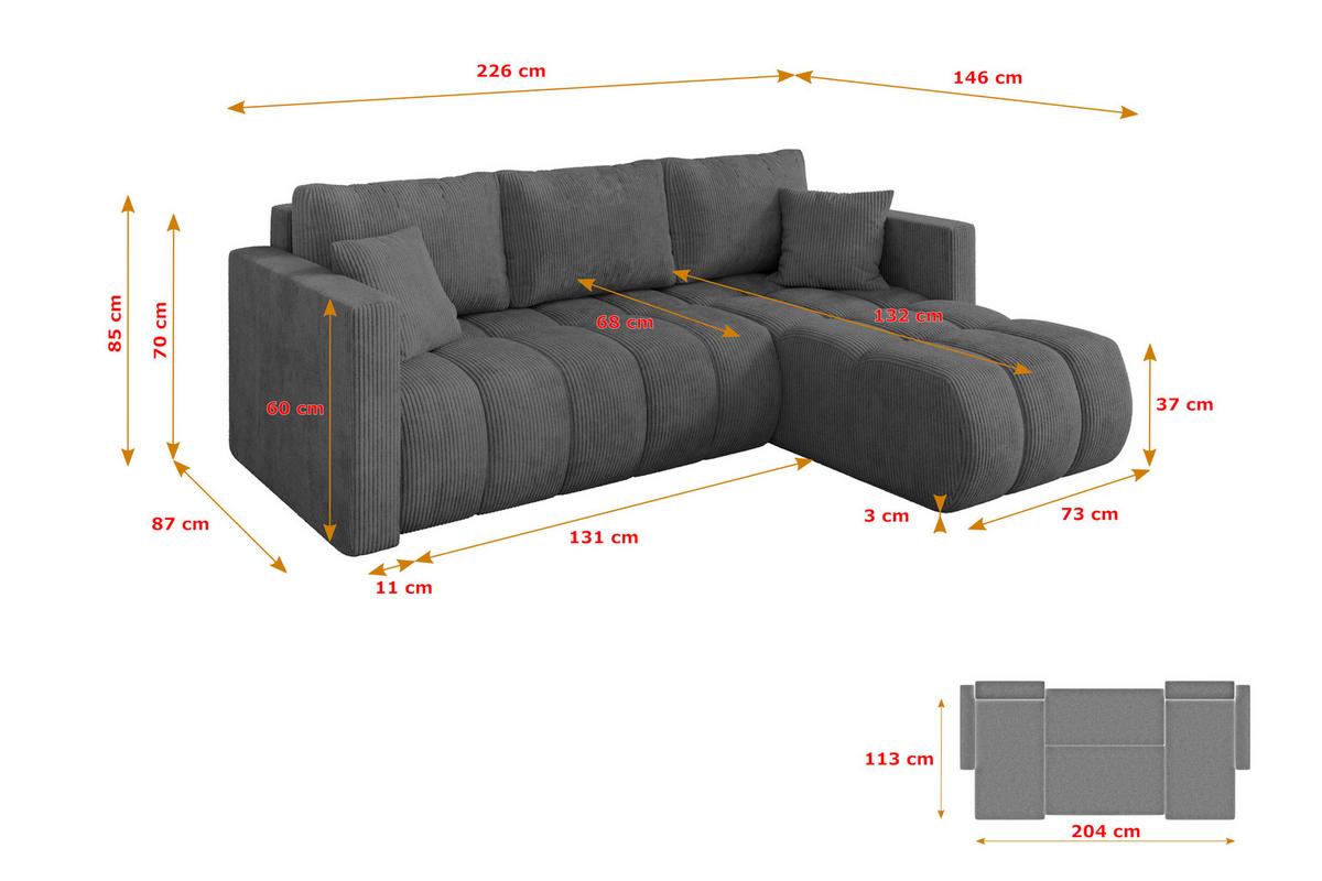 ECKSOFA mit Schlaffunktion Ottomane Rechts GARD-L 226x146x85 Dunkelgrau Cord - Dunkelgrau/Schwarz, Holzwerkstoff/Kunststoff (226/146cm) - ALTDECOR
