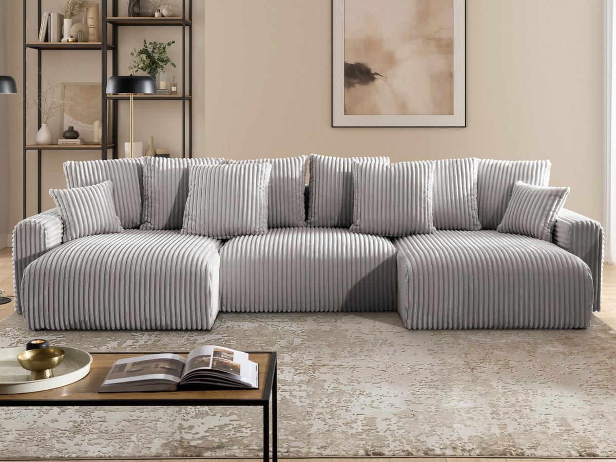 WOHNLANDSCHAFT Calma mit Schlaffunktion und Bettkasten im Bumpy-Design aus weichem Hellgrau Plüschcord - Beige/Hellgrau, Holz/Textil (336/88/140cm) - S-Style