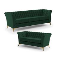 SITZGARNITUR 3+2 Chesterfield Whitby Flasche Grün Samt mit goldenen Füßen - Dunkelgrün/Goldfarben, Holz/Textil (237/78/82cm) - S-Style Möbel