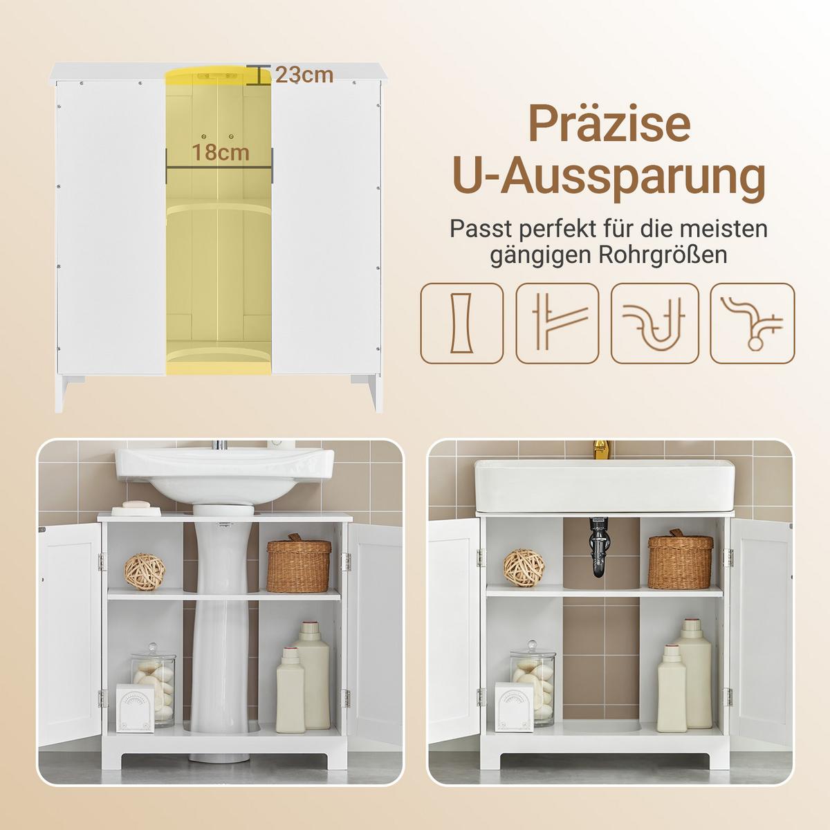 WASCHBECKEN-UNTERSCHRANK für Säulenwaschbecken, 60x60x29 cm, weiß, U-Aussparung, verstellbarer Boden, ohne Becken - Weiß, Holzwerkstoff (60/60/30cm) - SoBuy
