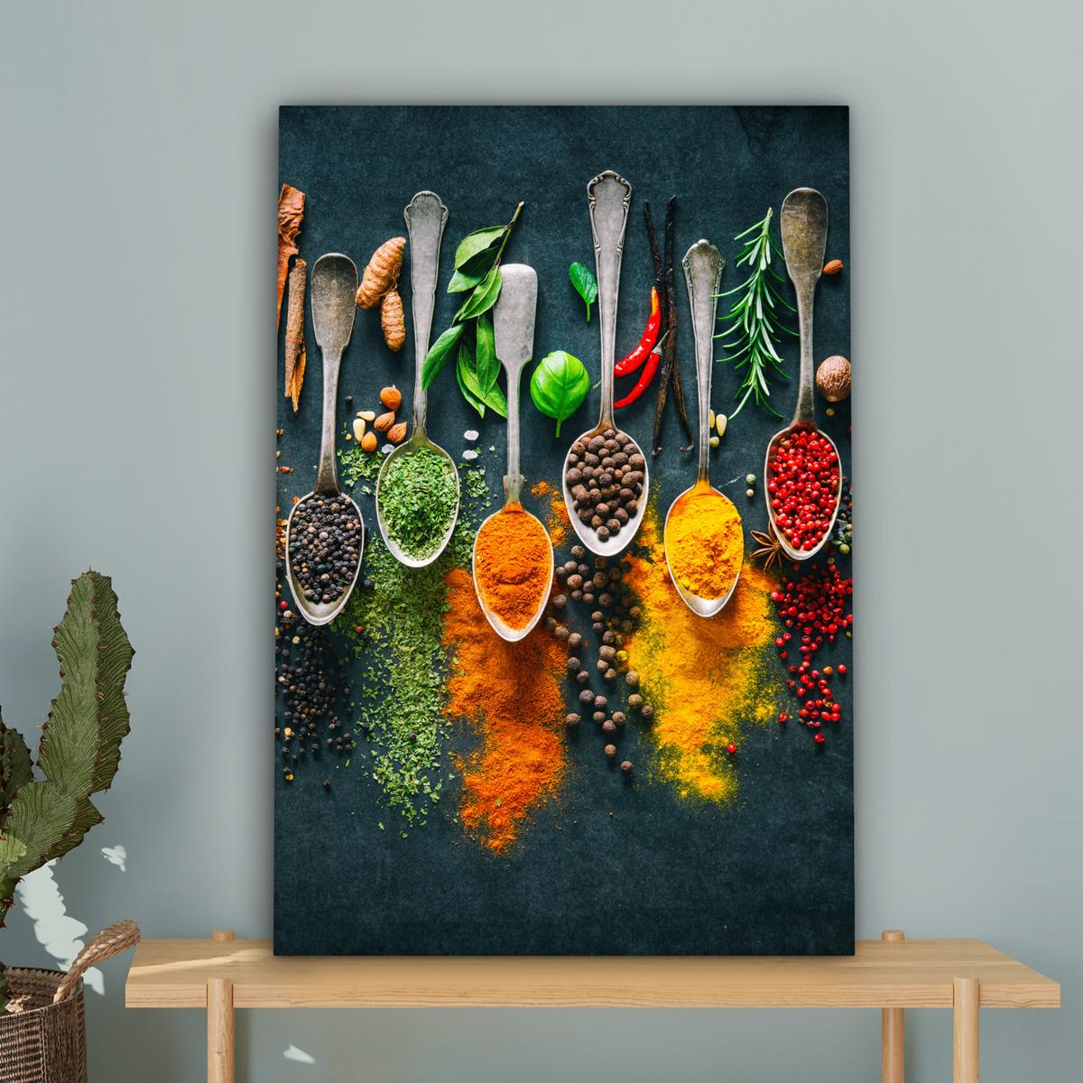 LEINWANDBILD Kräuter - Gewürze - Löffel Wanddeko Schlafzimmer 60x90 cm - Currygelb, Textil (60/90cm) - MuchoWow
