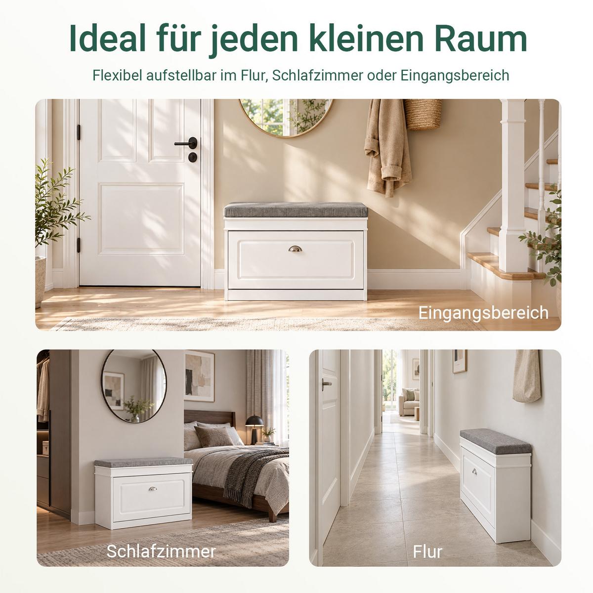 SCHUHBANK, Weiß 75x51x24cm, Klappe mit 2 Ebenen für 6 Paar Schuhe, Sitzpolster, bis 150 kg, schmal für Flur & Diele - Weiß, Holzwerkstoff (75/51/24cm) - SoBuy