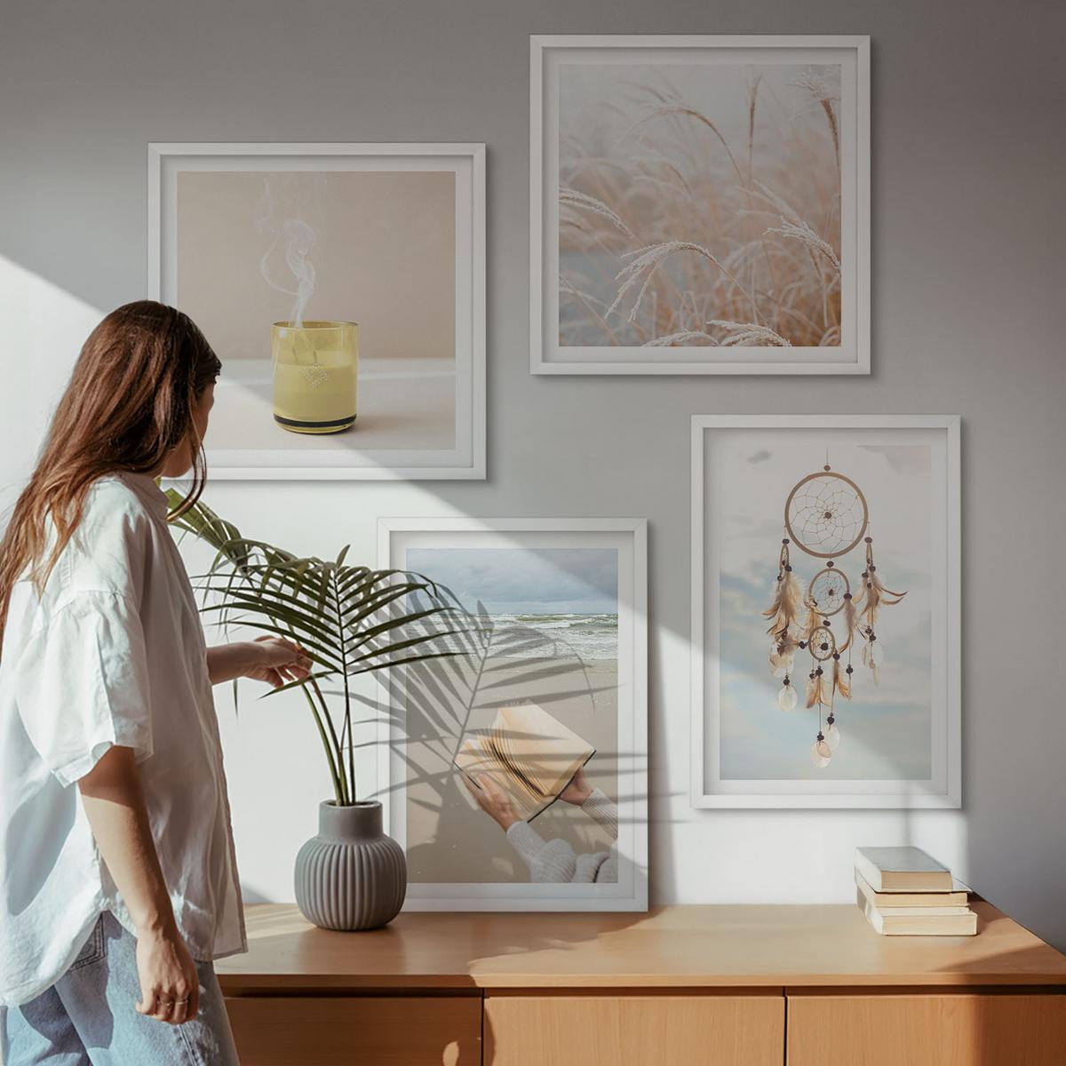 BILDER SET 4er Set - 50x50 cm & 40x60 cm Weißer Rahmen - Sommerlandschaften im Boho-Stil - Weiß, Kunststoff (50/50cm) - TULUP