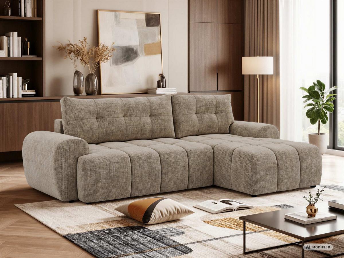 ECKSOFA MARIVO L - Beige Schenille grob gewebt - Rechts Seite - Beige/Schwarz, Kunststoff/Textil (271/161cm) - MKS