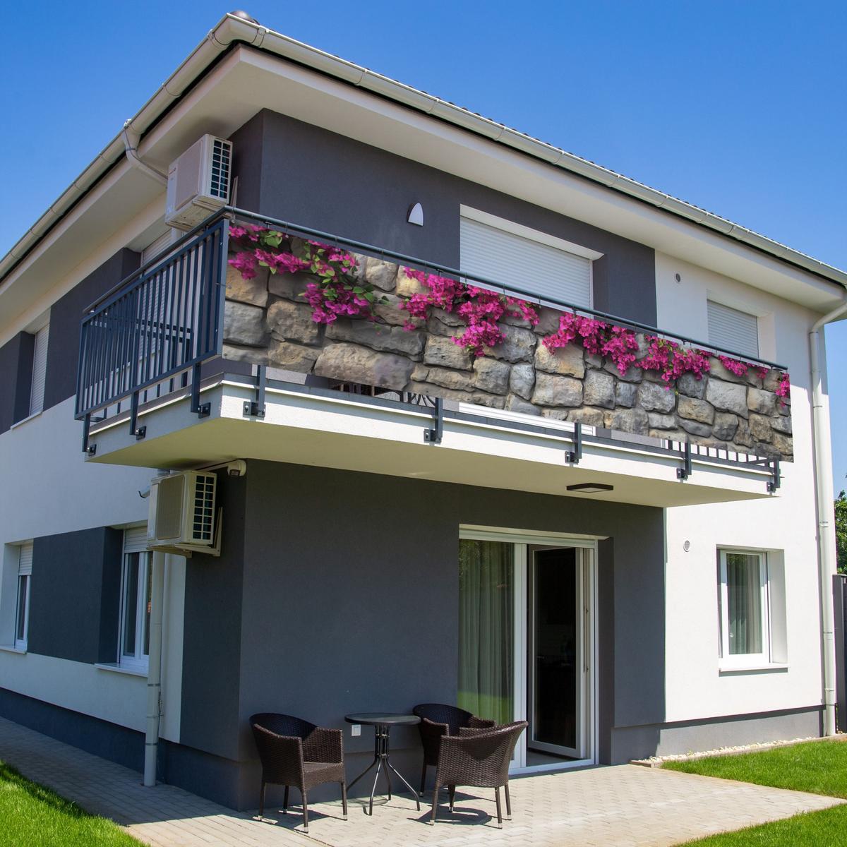 BALKON-SICHTSCHUTZ Bougainvillea - Steinmauer - Rosa Deko XXL 500x100 cm - Magenta, Kunststoff (500/100cm) - MuchoWow