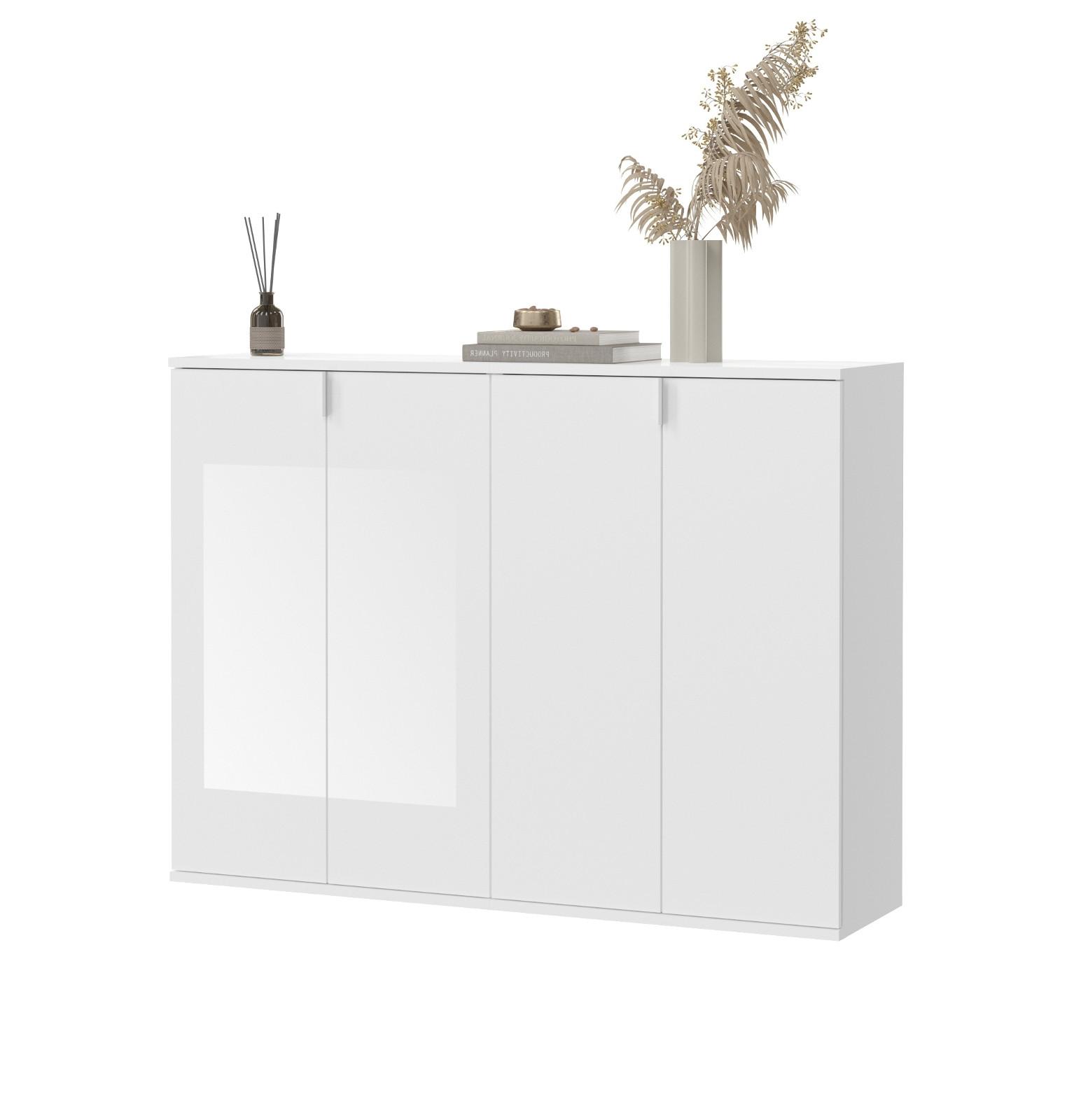 KOMMODE weiß Hochglanz 122 x 99 cm, Sideboard mit 4 Türen und 12 Fächern - Weiß Hochglanz/Silberfarben, Holzwerkstoff/Kunststoff (122/99/34cm) - Inn.Furn