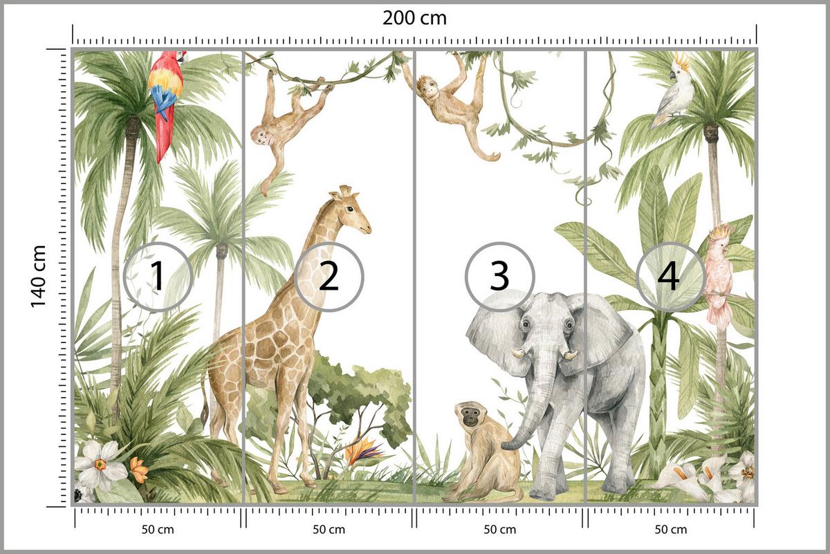 FOTOTAPETE für Kinderzimmer Dschungel Tiere Giraffe Elefant Palmen 200x140 - Beige/Rot, Papier (200/140cm) - Muralo
