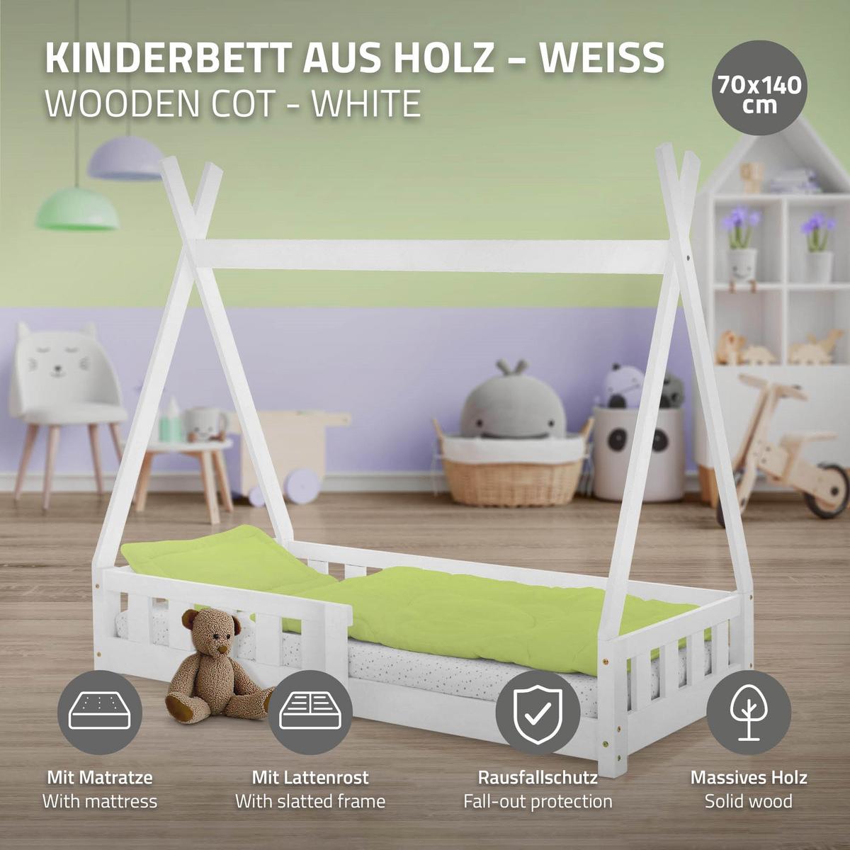 KINDERBETT Tipi mit Matratze 70x140 cm Weiß - Weiß, Holz (70/140cm) - ML-DESIGN