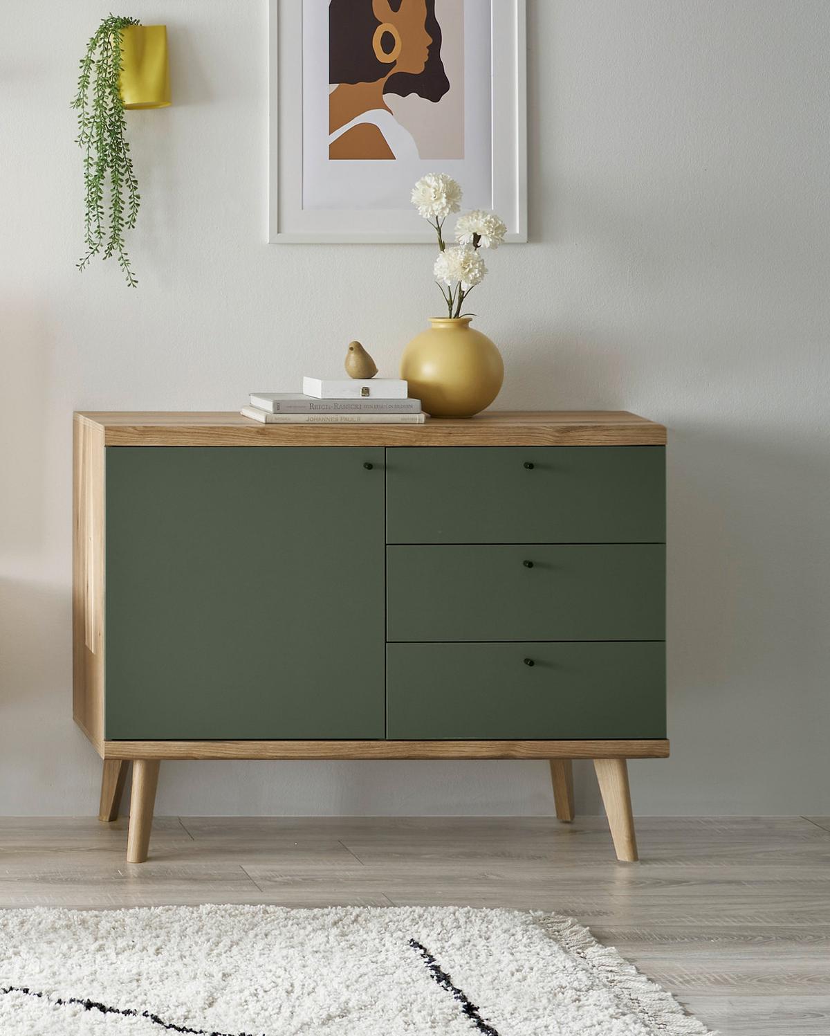 SIDEBOARD Salbei grün, Eiche Evoke, skandinavisch 107 x 83 cm, Kommode mit Vollauszug - Salbeigrün/Eichefarben, Holz/Holzwerkstoff (107/83/40cm) - Furn.Design