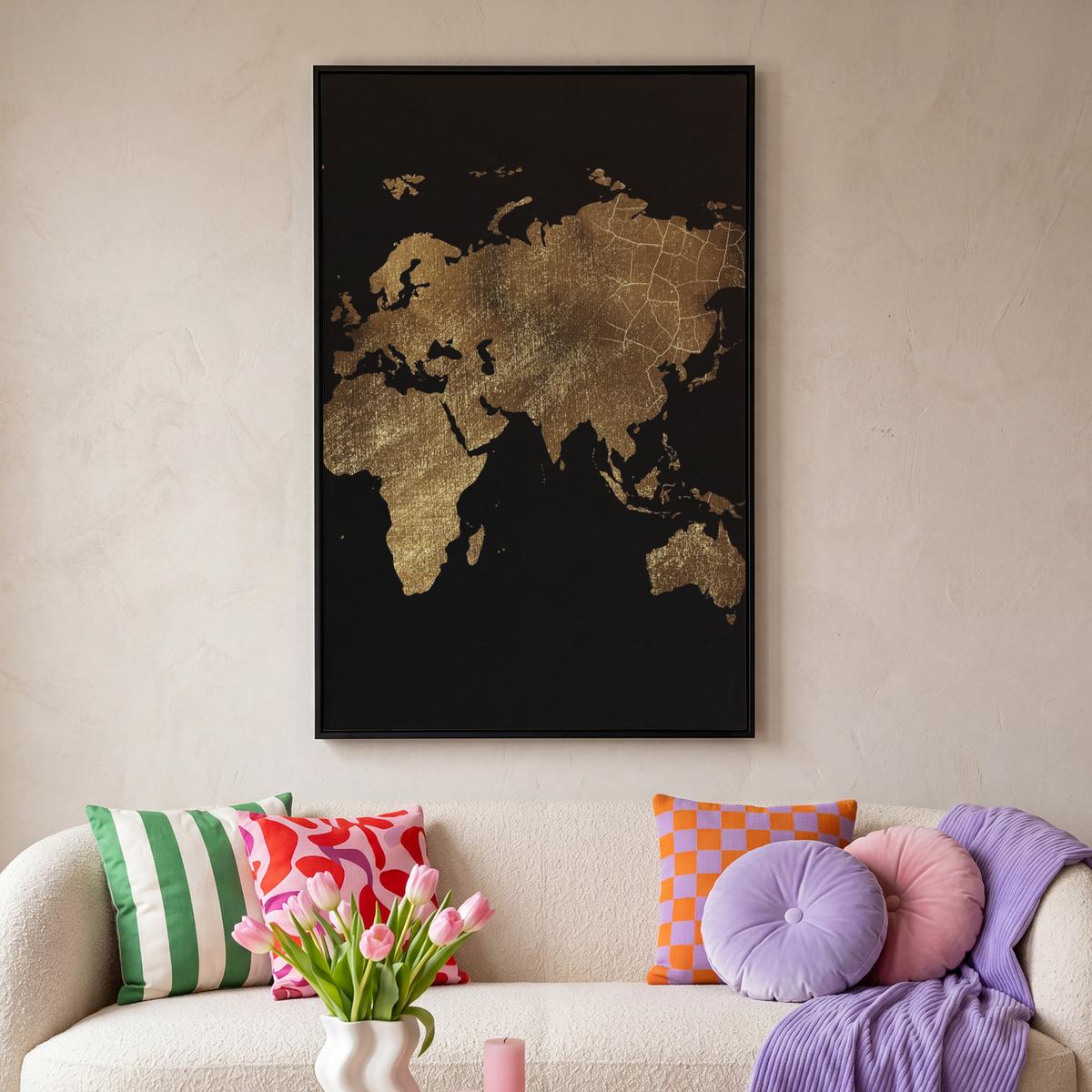 LEINWAND Bilder mit Rahmen - Weltkarte - Gold - Luxus - Erde - Schwarz - 90x140 - Goldfarben, Textil (90/140cm) - MuchoWow