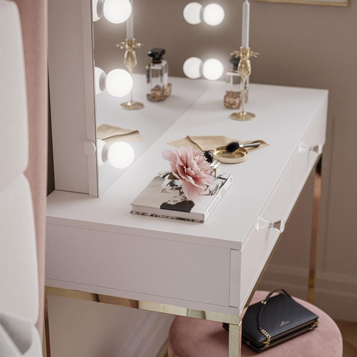 SCHMINKTISCH BLANCO ELITE mit Spiegel und Beleuchtung Gold Chrom Weiß Hochglanz Kristallgriff - Weiß Hochglanz/Transparent, Holzwerkstoff (100/146/42cm) - Lookway