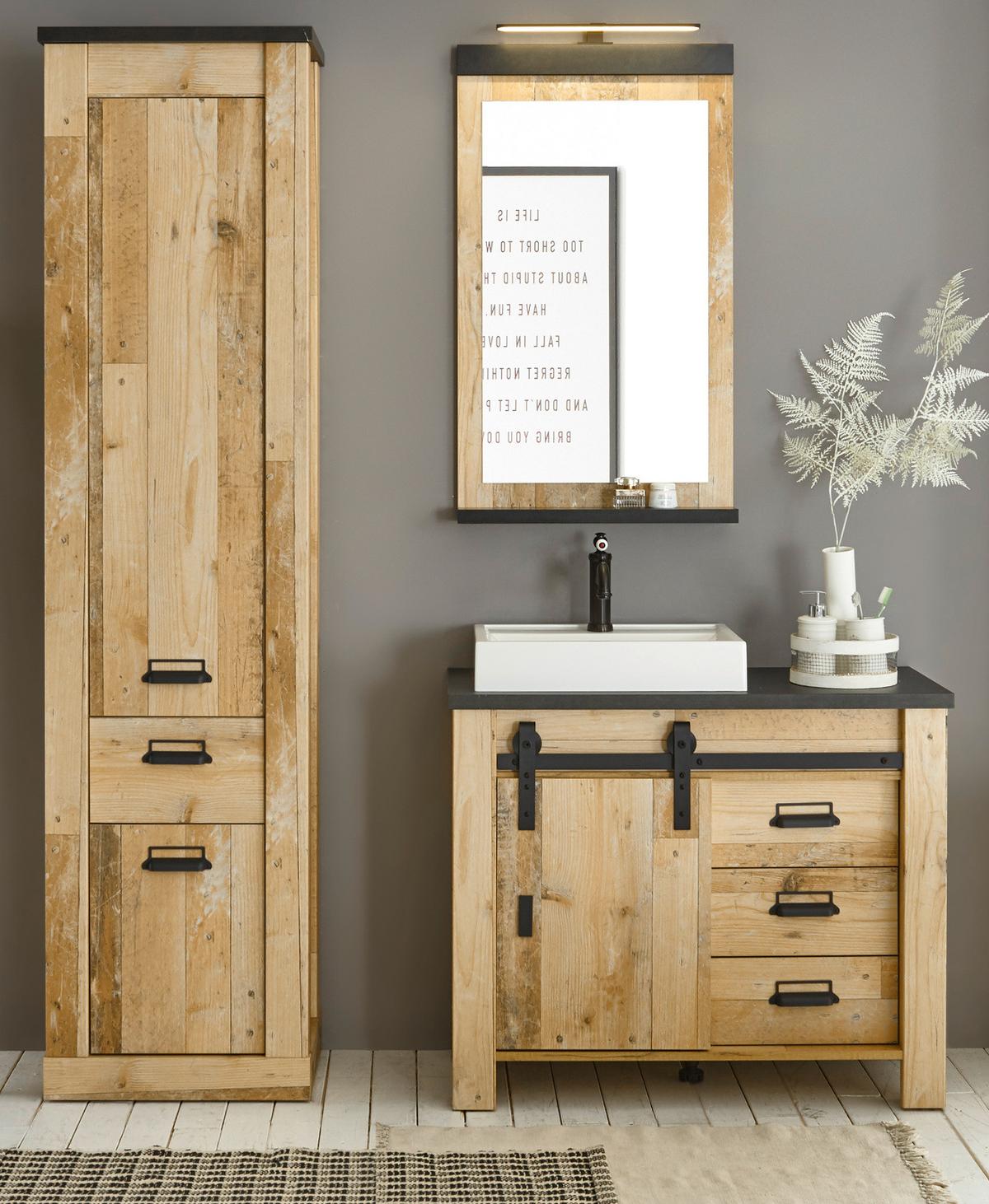 BADMÖBEL-SET 5-teilig, Used Wood hell, anthrazit, Badkombination mit Waschbecken LED Spiegellampe - Eichefarben/Anthrazit, Holzwerkstoff/Metall (166/210/43cm) - Furn.Design