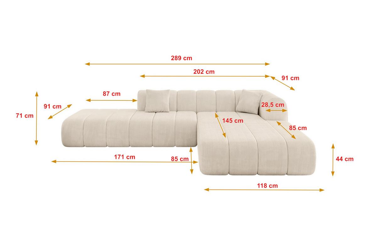 ECKSOFA Ottomane Rechts BILA-L 289x176x71 Beige Cord - Kaschmir/Beige, Holzwerkstoff/Kunststoff (289/176cm) - ALTDECOR