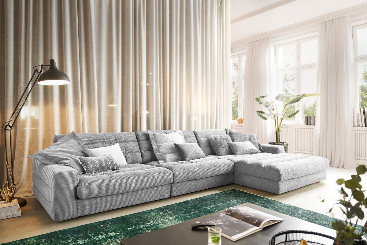 ECKSOFA XL LANA Hellgrau Cord - Hellgrau/Schwarz, Textil (416/205cm) - KAWOLA