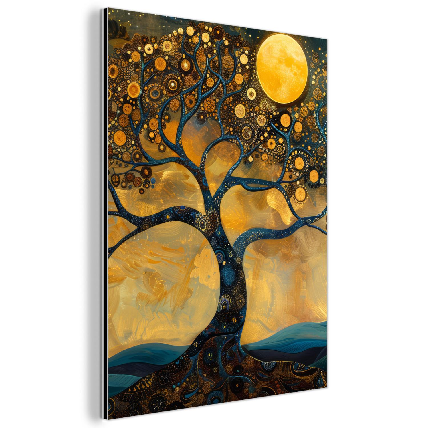 METALLBILD Baum - Mond - Blumen - Gold - Kunst 30x40 cm - Orange, Metall (30/40cm) - MuchoWow