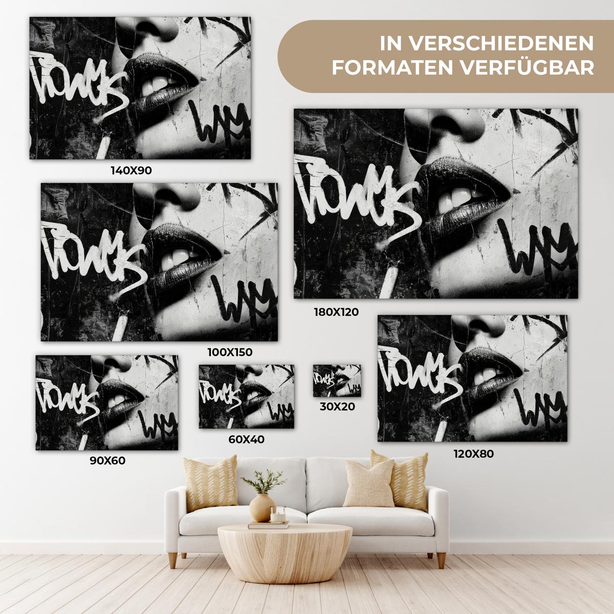 LEINWANDBILD Gesicht - Mund - Graffiti - Schwarz Deko Schlafzimmer 30x20 cm - Schwarz, Textil (30/20cm) - MuchoWow