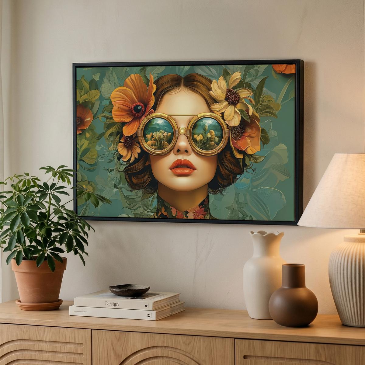 LEINWAND Bilder mit Rahmen - Frau - Blumen - Schmetterlinge - Natur - Vintage - 60x40 - Salbeigrün, Textil (60/40cm) - MuchoWow