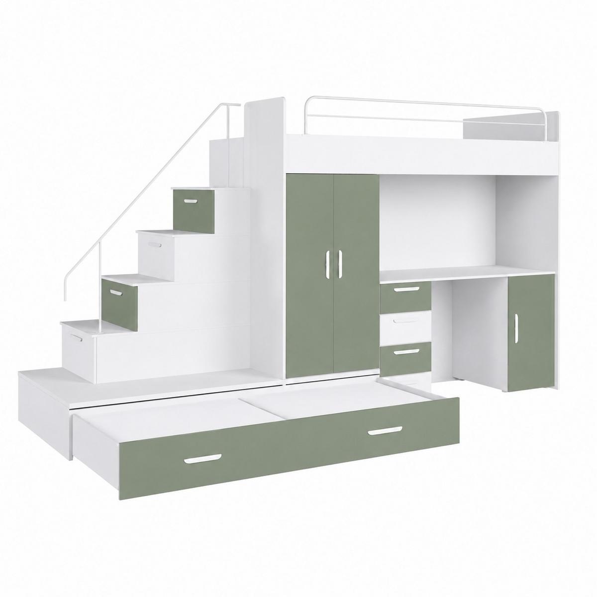 KINDERZIMMER Set RAJ 5, Hochglanz mit Hochbett, Schrank und Schreibtisch - Weiß/Mintgrün, Holzwerkstoff (320/180/86cm) - Lookway