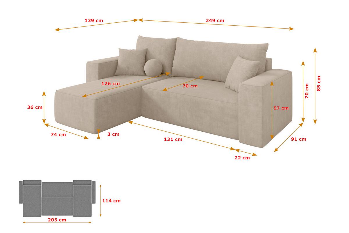 ECKSOFA mit Schlaffunktion Ottomane Links SENO-L 249x139x85 Beige Velours - Schwarz/Sahara, Holzwerkstoff/Kunststoff (249/139cm) - ALTDECOR