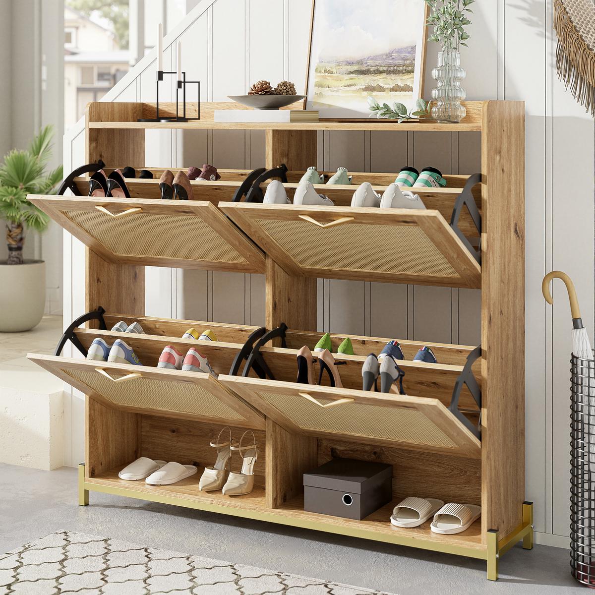 SCHUHSCHRANK aus Holz mit Rattantüren - Hellbraun, Holzwerkstoff (24/100/108cm) - Urban Meuble