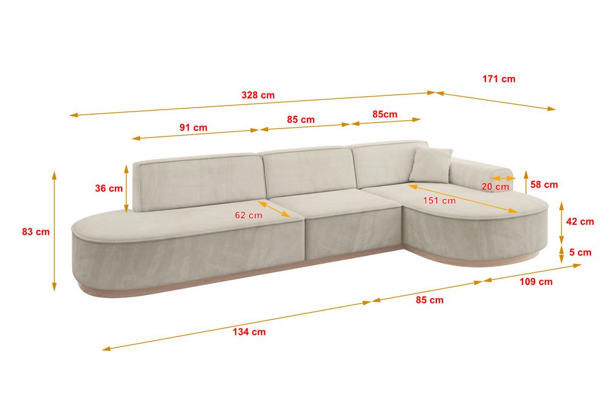 ECKSOFA Ottomane Rechts MARI-L2-v1 - 328x171x83 cm Ecru Velours - Ecru, Holzwerkstoff/Textil (171/328cm) - ALTDECOR