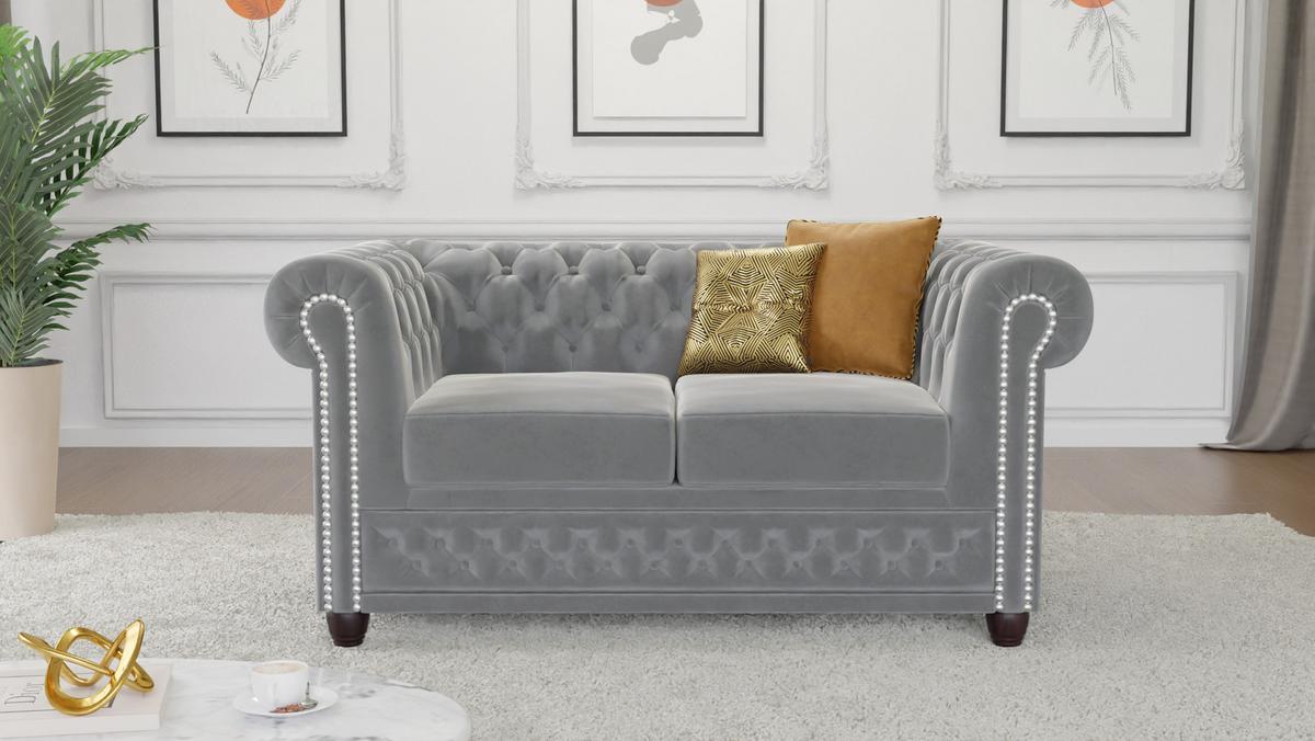 CHESTERFIELD-SOFA 2-Sitzer Nyx Grau Samt - Braun/Grau, Holz/Textil (148/72/86cm) - S-Style Möbel