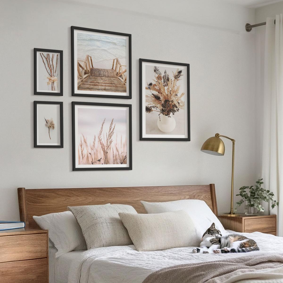 BILDER SET 5er Set - 50x50 cm & 20x30 cm & 40x60 cm Schwarzer Rahmen - Blumenzweige Minimalismus Natur - Schwarz, Kunststoff (40/60cm) - TULUP
