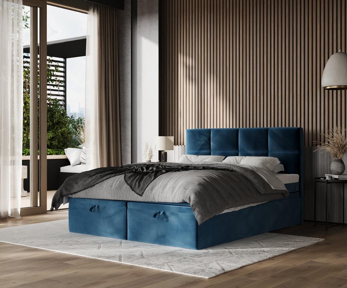 BOXBETT Tessa 140/200 cm Dunkelblau im Kronos Stoff - Schwarz/Dunkelblau, Holz/Holzwerkstoff (140/200cm) - AltaBeds