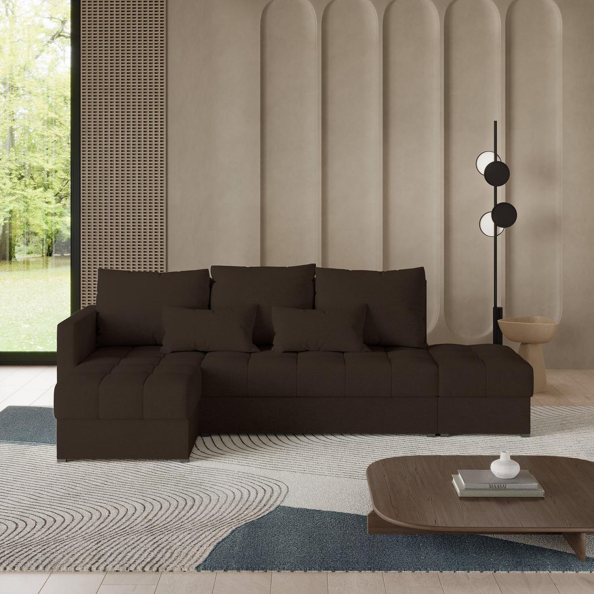 ECKSOFA LUMARI L-S Braun Plüsch-Stoff mit Schlaffunktion - Dunkelbraun, Holz (262/143cm) - MASSENO
