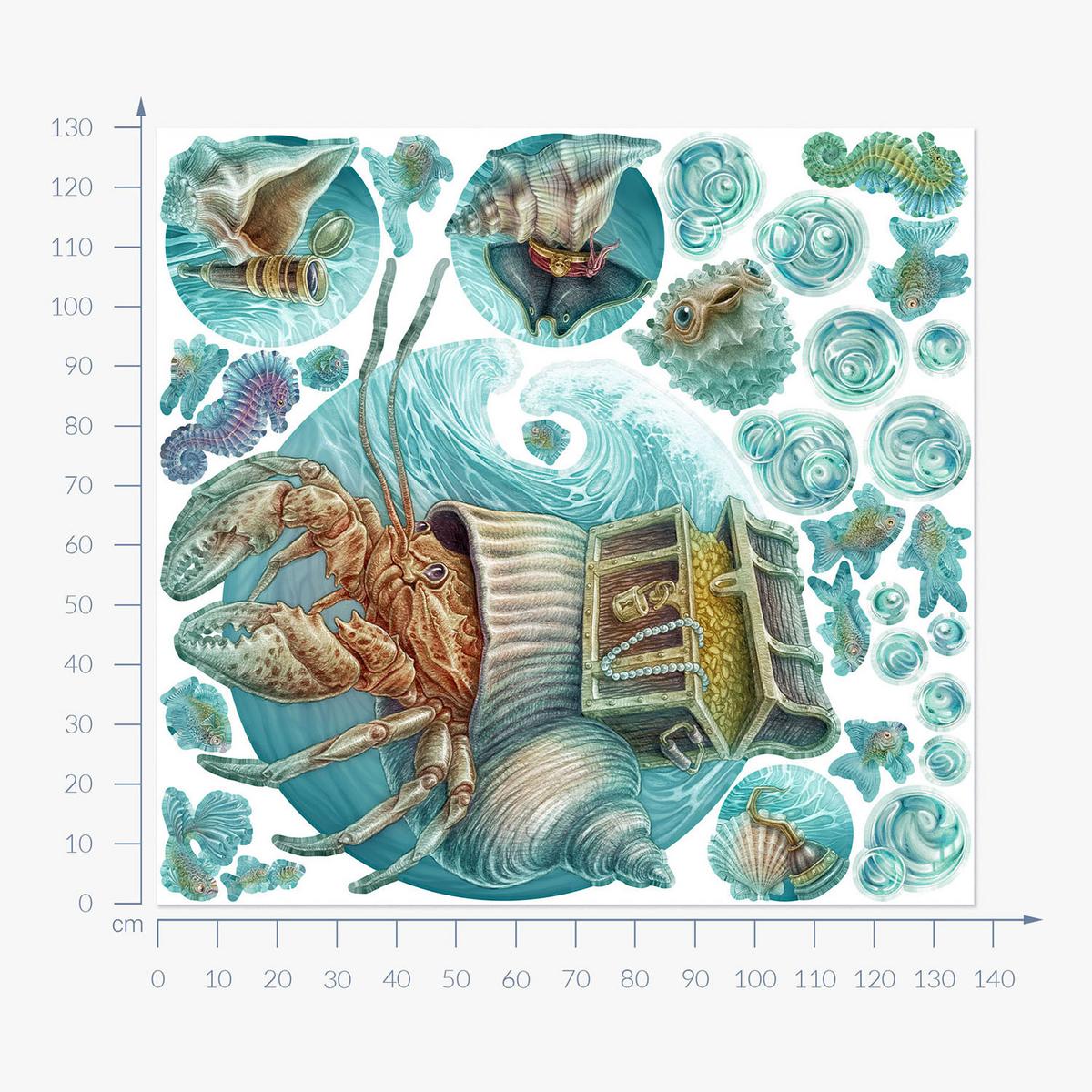 WANDAUFKLEBER 130x137cm - Krabbenwelt - Multicolor, Kunststoff (130/137/0.1cm) - Wallfluent