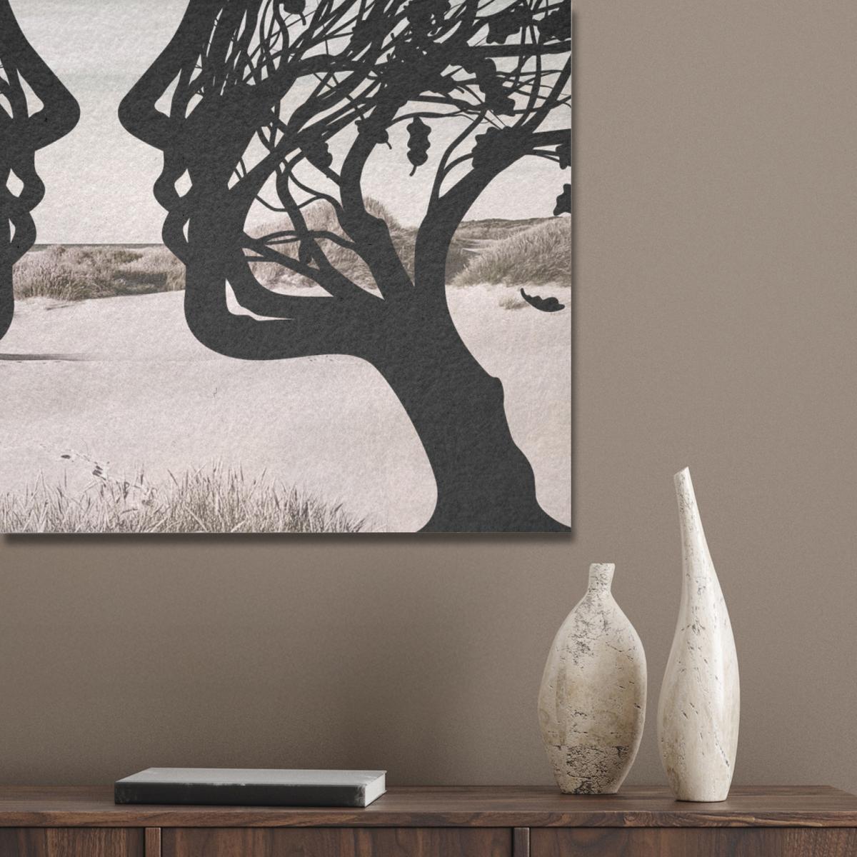 AKUSTIKBILD Strand - Meer - Menschen - Baum - Moderne Kunst Wandbilder 60x80 cm - Hellgrau, Kunststoff (60/80/0.9cm) - MuchoWow
