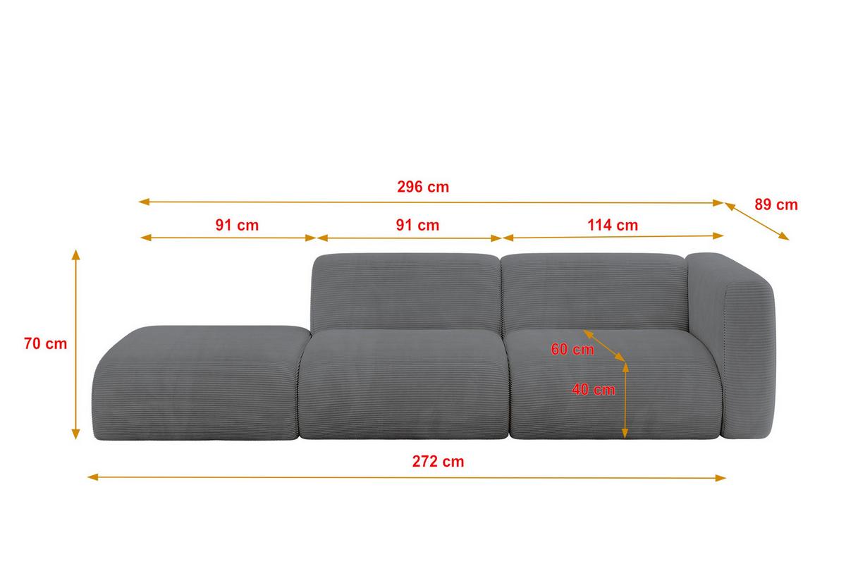 SOFA Ottomane Rechts MIRA-S3 296x89x70 Dunkelgrau Cord - Dunkelgrau/Graphitfarben, Holzwerkstoff/Kunststoff (296/70/89cm) - ALTDECOR