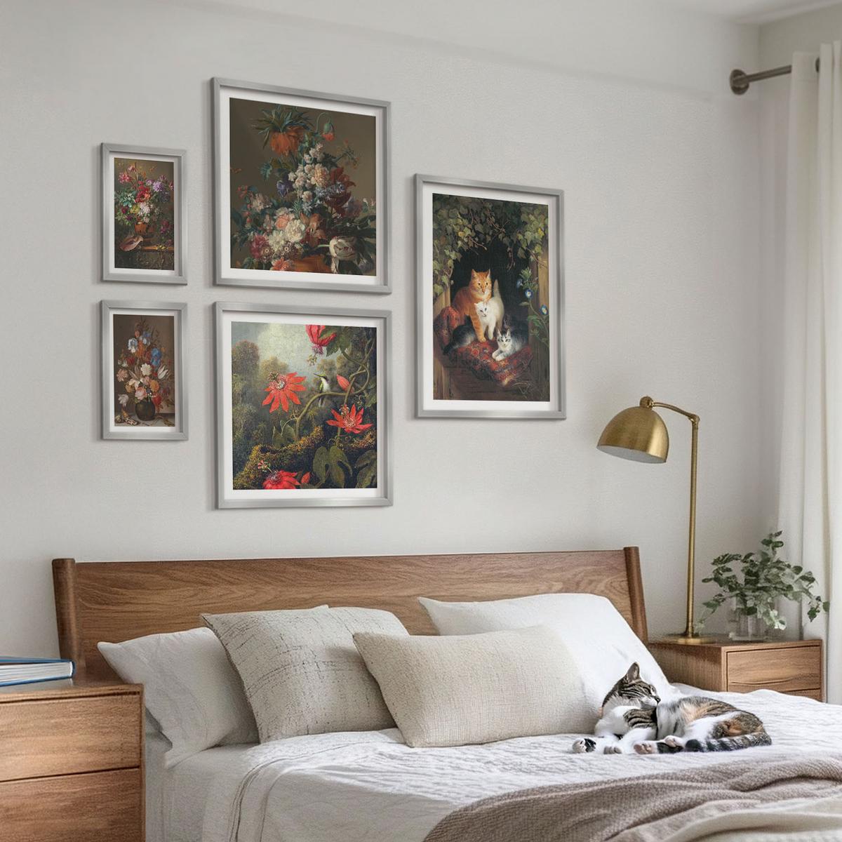 BILDER SET 5er Set - 50x50 cm & 20x30 cm & 40x60 cm Silberner Rahmen - Vintage-Blumen, Katzen, Pflanzen - Silberfarben, Kunststoff (40/60cm) - TULUP