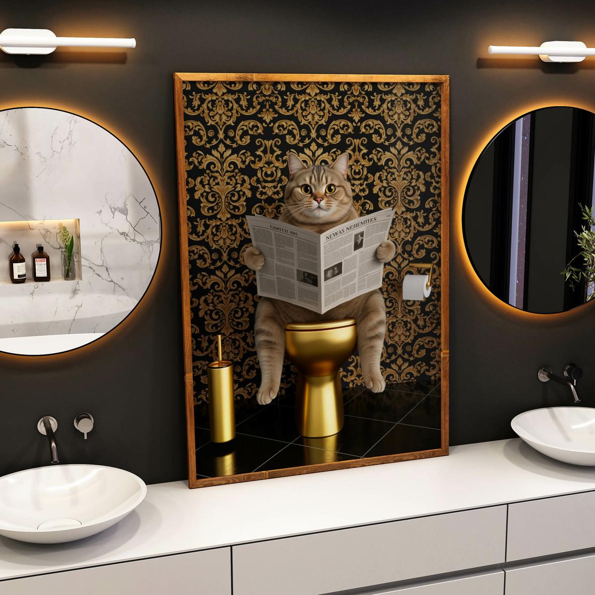 POSTER für Badezimmer WC KATZE auf Toilette mit Zeitung Glamour Abstraktion 30x40cm - Gelb/Beige, Papier (30/40/40cm) - Muralo